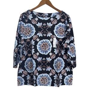 Croft & Barrow Women's Blue Multicolored Floral 3/4 Sleeve Boat Neck top SZ/1X